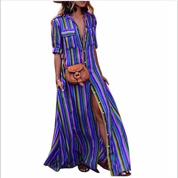 Boutique Dresses & Skirts - Blue Rainbow Stripped Boho Maxi Tunic Dress